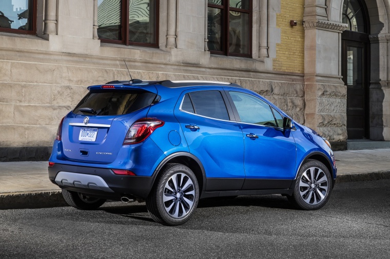 Picture of a 2017 Buick Encore in Coastal Blue Metallic from a rear right three-quarter perspective
