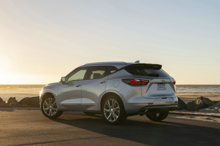 Picture of a 2020 Chevrolet Blazer Premier AWD in Silver Ice Metallic from a rear left perspective