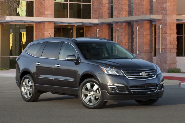 Picture of a 2014 Chevrolet Traverse LTZ AWD in Black Granite Metallic from a front right three-quarter perspective