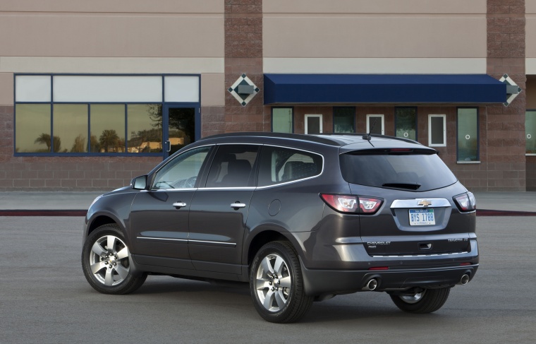 Picture of a 2015 Chevrolet Traverse LTZ AWD in Black Granite Metallic from a rear left three-quarter perspective