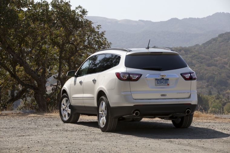 Picture of a 2015 Chevrolet Traverse LTZ in White from a rear left perspective