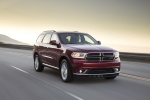 Picture of a driving 2016 Dodge Durango Limited AWD in Deep Cherry Red Crystal Pearlcoat from a front right three-quarter perspective