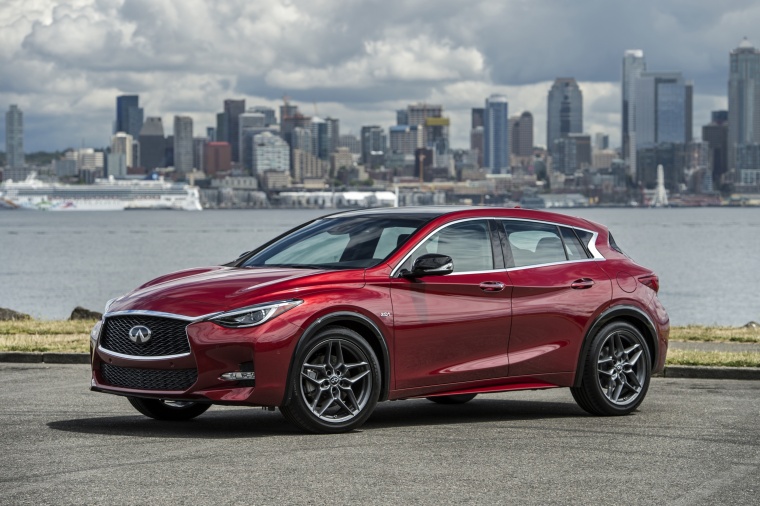 Picture of a 2018 Infiniti QX30S in Magnetic Red from a front left three-quarter perspective