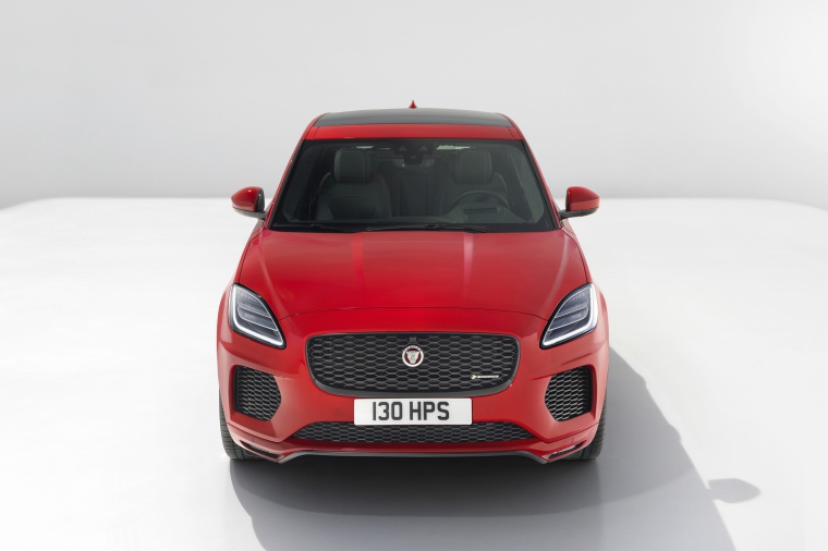 Picture of a 2018 Jaguar E-Pace P300 R-Dynamic AWD in Firenze Red Metallic from a frontal perspective