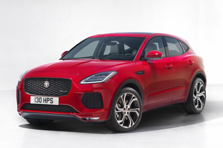 Picture of a 2018 Jaguar E-Pace P300 R-Dynamic AWD in Firenze Red Metallic from a front left three-quarter perspective