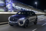 Picture of a driving 2018 Jaguar E-Pace P300 R-Dynamic AWD in Corris Gray from a front left perspective