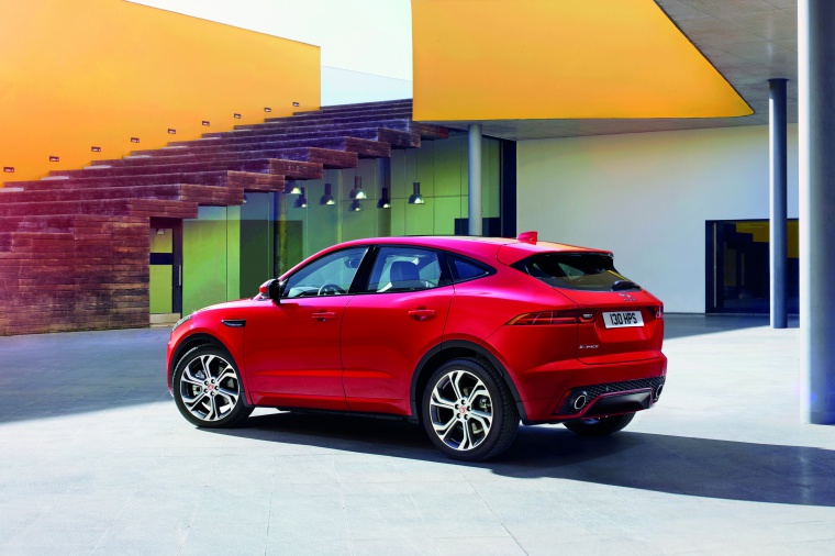Picture of a 2019 Jaguar E-Pace P300 R-Dynamic AWD in Firenze Red Metallic from a rear left three-quarter perspective