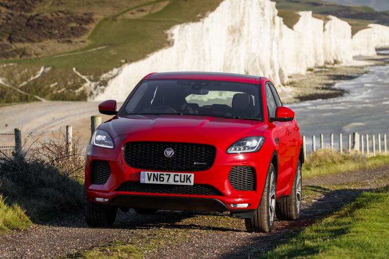 Picture of a 2020 Jaguar E-Pace P300 R-Dynamic AWD in Firenze Red Metallic from a frontal perspective
