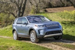 Picture of a driving 2020 Land Rover Discovery Sport P250 S in Byron Blue Metallic from a front right three-quarter perspective