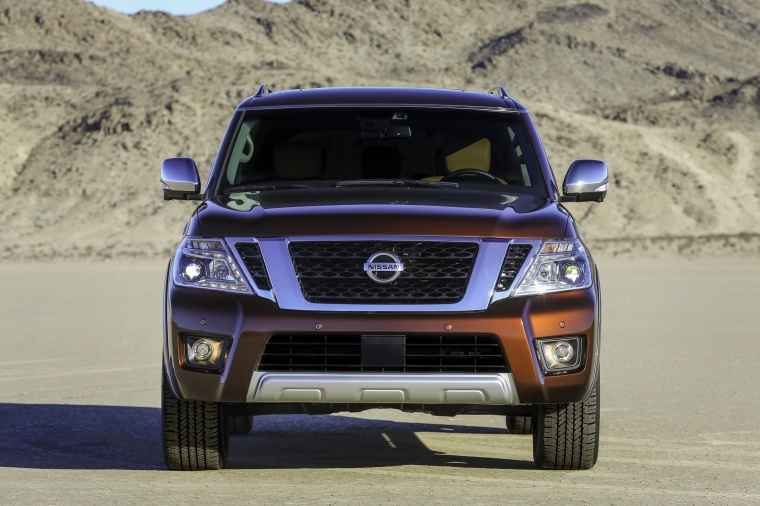 Picture of a 2017 Nissan Armada Platinum in Forged Copper from a frontal perspective
