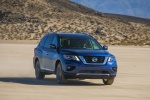 Picture of a driving 2018 Nissan Pathfinder Platinum 4WD in Caspian Blue from a front right perspective