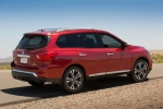 Picture of a 2018 Nissan Pathfinder Platinum 4WD in Scarlet Ember from a rear right three-quarter perspective