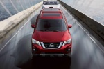 Picture of a driving 2018 Nissan Pathfinder Platinum 4WD in Scarlet Ember from a frontal perspective
