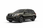 Picture of a 2018 Nissan Pathfinder Platinum in Magnetic Black from a front left three-quarter perspective
