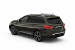 Picture of a 2018 Nissan Pathfinder Platinum in Magnetic Black from a rear left three-quarter perspective