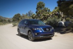 Picture of a driving 2019 Nissan Pathfinder Platinum 4WD in Caspian Blue Metallic from a front right three-quarter perspective