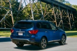 Picture of a 2019 Nissan Pathfinder Platinum 4WD in Caspian Blue Metallic from a rear right three-quarter perspective