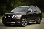 Picture of a 2019 Nissan Pathfinder Platinum 4WD in Mocha Almond Pearl from a front left three-quarter perspective