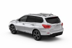 Picture of a 2019 Nissan Pathfinder Platinum in Brilliant Silver Metallic from a rear left three-quarter perspective