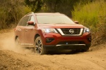 Picture of a driving 2019 Nissan Pathfinder Platinum 4WD in Scarlet Ember Tintcoat from a front right three-quarter perspective