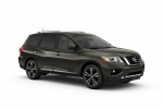 Picture of a 2019 Nissan Pathfinder Platinum in Magnetic Black Pearl from a front right three-quarter perspective