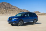 Picture of a driving 2020 Nissan Pathfinder Platinum 4WD in Caspian Blue Metallic from a front left three-quarter perspective