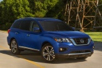 Picture of a 2020 Nissan Pathfinder Platinum 4WD in Caspian Blue Metallic from a front right three-quarter perspective