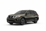 Picture of a 2020 Nissan Pathfinder Platinum in Magnetic Black Pearl from a front left three-quarter perspective
