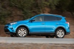 Picture of a driving 2016 Toyota RAV4 Hybrid Limited AWD in Electric Storm Blue from a side perspective