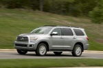 Picture of a driving 2016 Toyota Sequoia in Silver Sky Metallic from a front left three-quarter perspective