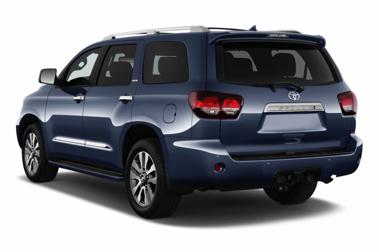 Picture of a 2019 Toyota Sequoia in Shoreline Blue Pearl from a rear left three-quarter perspective